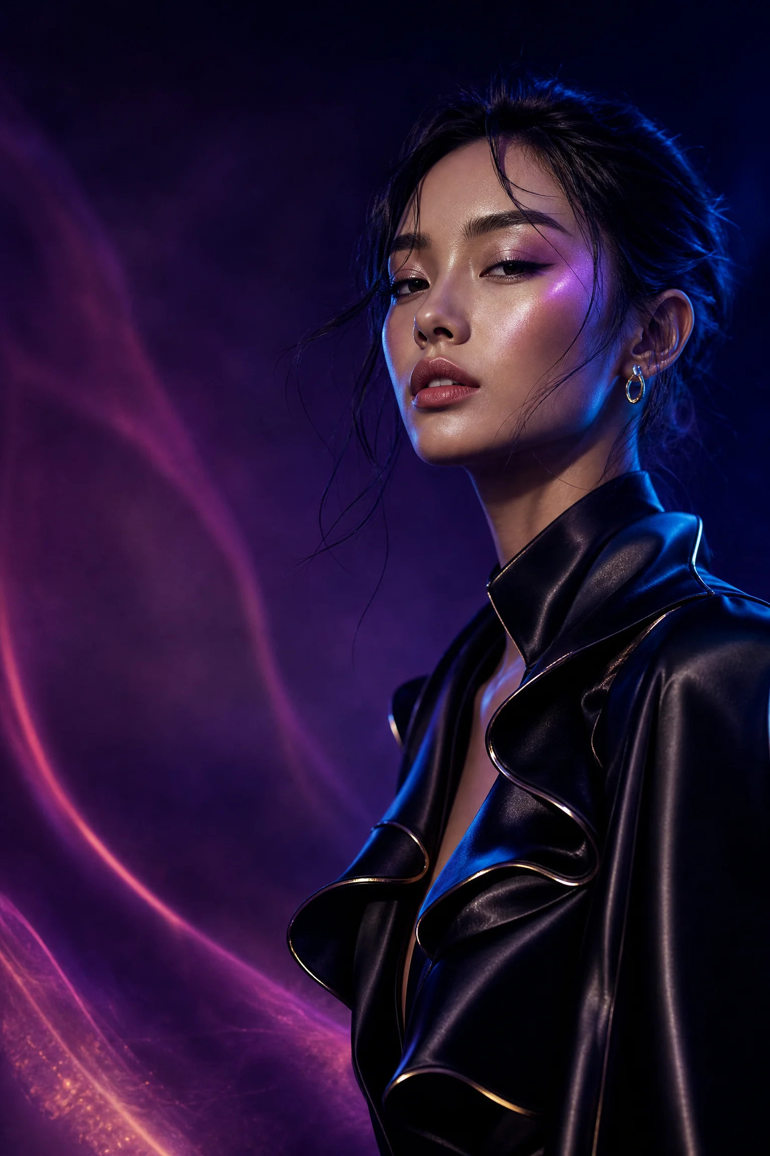 Modelo fashion futurista con iluminación púrpura y magenta